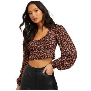 MOTEL Floral Long Sleeve Button Down Crop Top